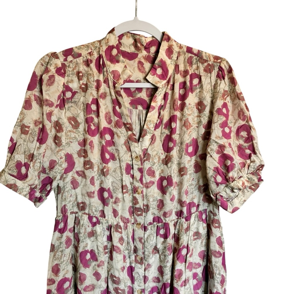 Floral Puff-Sleeve Midi Dress in Beige and Mauve - Picture 3 of 8